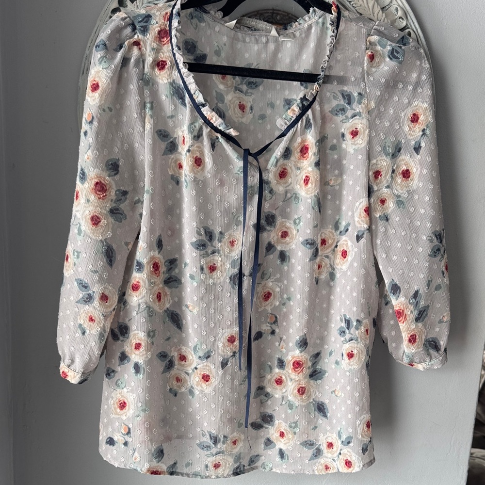 LC Lauren Conrad Floral Blouse - Cream and Blue